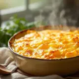 Un plat fumant de gratin dauphinois, doré et crémeux, prêt à être dégusté.