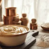 Un bol de pâte à beignet crémeuse, prêt à être cuisiné. Des ustensiles de cuisine en cuivre et de la farine sont visibles en arrière-plan.