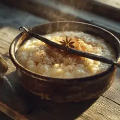 Un bol de riz au lait fumant, garni d'une gousse de vanille et d'une étoile de badiane, sur une table en bois.