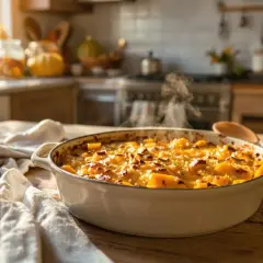Un gratin de courge fumant sort du four, prêt à être dégusté. La lumière du soleil illumine la cuisine chaleureuse.