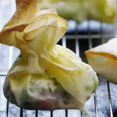 Des sachets croustillants de brick au poulet, dorés et prêts à être dégustés.