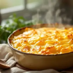 Un plat fumant de gratin dauphinois, doré et crémeux, prêt à être dégusté.
