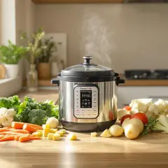 Légumes frais prêts pour la cuisson à la cocotte minute. Le temps de cuisson des légumes à la cocotte minute est affiché : 39:50.
