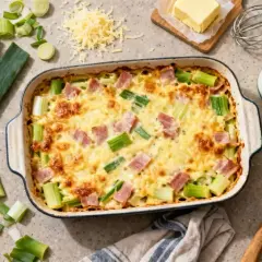 Un délicieux gratin de poireaux, garni de lardons et gratiné au fromage, prêt à être dégusté.