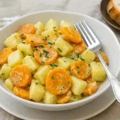 Carottes Vichy et pommes de terre crémeuses, parsemées de ciboulette. Un plat simple et savoureux, parfait pour le Cookeo.