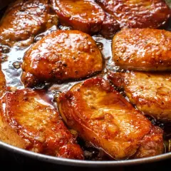 Filet mignon en train de dorer dans une poêle, baignant dans une sauce savoureuse. La marinade leur donne une belle couleur caramélisée.