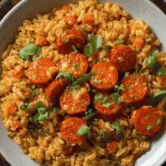 Un délicieux risotto chorizo, facile à préparer au Thermomix, garni de persil frais.