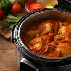 Poulet basquaise mijoté dans un Cookeo, avec poivrons, tomates et oignons. Un plat savoureux prêt à être dégusté.