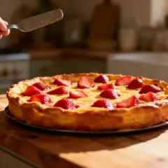 Un délicieux clafoutis aux fraises, doré et garni de fruits rouges, prêt à être servi.