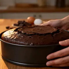 Un gâteau au chocolat tout juste sorti du moule, prêt pour une recette facile. Des ingrédients comme des œufs et du chocolat sont visibles en arrière-plan.