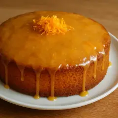 Un délicieux gâteau à l'orange, nappé d'un glaçage brillant et garni de zestes d'orange.