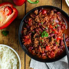 Un délicieux chili con carne, prêt à être dégusté avec du riz. Un plat réconfortant, parfait pour un repas convivial.
