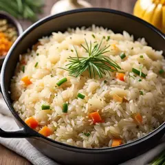 Un plat de riz pilaf aux carottes et oignons verts, garni d'une branche de romarin. Une recette simple et savoureuse.