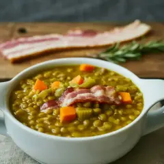 Un bol de soupe de lentilles réconfortante, garnie de lard croustillant et de dés de carottes. Une branche de romarin et du bacon cru sont disposés sur une planche à découper en arrière-plan.
