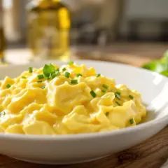 Un plat de recette oeufs brouillés crémeux, garni de ciboule fraîche, sur une table en bois.