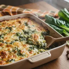 Un gratin de blettes fumant, doré et crémeux, servi à la cuillère en bois. Des blettes fraîches et des noix de muscade complètent ce plat réconfortant.