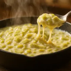 Une cuillère de fondue de poireaux crémeuse et fumante, prête à être dégustée. Une recette réconfortante.