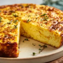 Une délicieuse quiche sans pâte dorée, garnie de thym frais, prête à être dégustée.