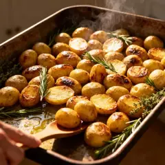 Pommes de terre grenaille au four, dorées et fumantes, parsemées de romarin et de thym. Un délice croustillant prêt à être dégusté.