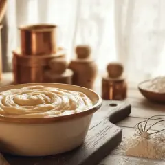 Un bol de pâte à beignet crémeuse, prêt à être cuisiné. Des ustensiles de cuisine en cuivre et de la farine sont visibles en arrière-plan.