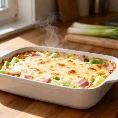 Gratin de poireaux au jambon, gratiné et fumant, prêt à être dégusté.