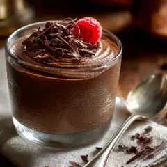 Délicieuse mousse au chocolat noir, garnie de copeaux de chocolat et d'une framboise fraîche. Un délice pour les amateurs de chocolat.