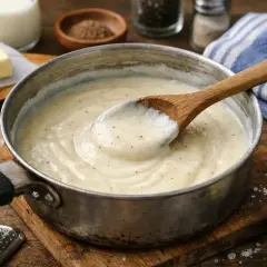 Une cuillère en bois remue une béchamel onctueuse dans une casserole. Parfait pour une recette béchamel rapide et savoureuse.
