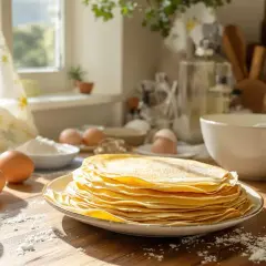 Pile de crêpes dorées saupoudrées de sucre, avec des œufs et de la farine sur une table en bois.