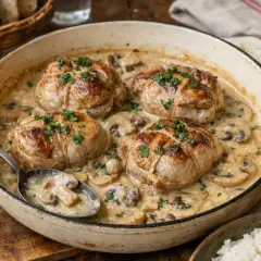 Quatre paupiettes de veau dorées, nappées d'une sauce crémeuse aux champignons, garnies de persil frais. Un plat réconfortant.