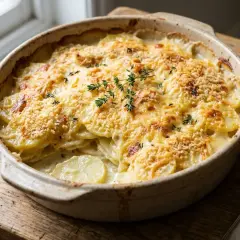 Un plat de gratin dauphinois facile, doré et crémeux, garni de thym frais, prêt à être dégusté.