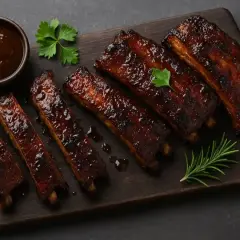 Travers de porc caramélisés, brillants et appétissants, accompagnés d'une sauce barbecue et de romarin frais. Un délice pour les amateurs de viande.