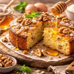 Un gâteau aux noix, arrosé de miel doré, parfait pour une recette gâteau moelleux. Des ingrédients frais et une touche de menthe complètent ce délice.