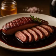 Magret de canard tranché, nappé d'une sauce riche et sombre. Un délice pour accompagner votre plat.