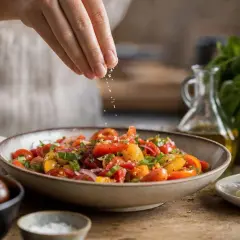 Une main sale du sel sur une salade de tomates colorée, garnie de basilic frais et d'oignons rouges.