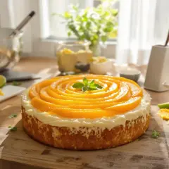 Un délicieux gâteau sans farine, orné de fines tranches de pêche disposées en spirale et d'une touche de menthe fraîche.