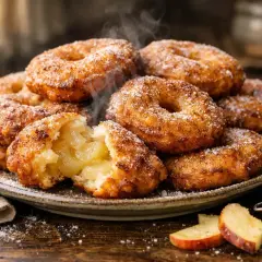Délicieux beignets aux pommes à lancienne, saupoudrés de sucre glace, avec un cœur fondant.