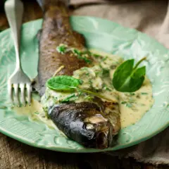Poisson entier nappé d'une sauce crémeuse à l'oseille, garni de feuilles vertes, sur une assiette menthe.
