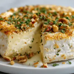 Camembert fondant, doré et garni de noix et persil, tout juste sorti de l'air fryer. Un délice coulant !