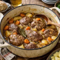 Un plat mijoté de joue de porc au cidre, avec pommes de terre et carottes, servi dans une cocotte en fonte.