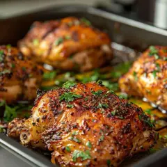 Cuisses de poulet dorées et croustillantes, parsemées de persil frais. Une recette air fryer facile et savoureuse.