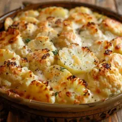 Un délicieux gratin chou fleur pomme de terre, doré et gratiné, prêt à être dégusté.