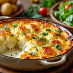 Un gratin de chou-fleur doré et crémeux, garni de feuilles vertes fraîches, prêt à être dégusté.