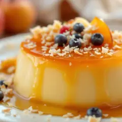 Un délicieux flan coco, nappé de caramel et garni de fruits frais et de copeaux de noix de coco. Une invitation à la gourmandise pour une recette facile.