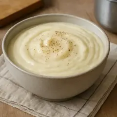 Un bol de béchamel sans beurre, onctueuse et saupoudrée de poivre, prête à être utilisée.