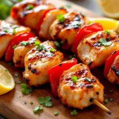 Brochettes de poulet grillées, marinées et garnies de poivrons rouges, sur une planche en bois avec des quartiers de citron.