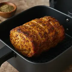 Roti de porc doré et juteux, tout juste sorti de l'air fryer. Assaisonné d'herbes, il est prêt à être dégusté.
