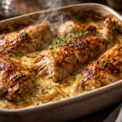 Un plat de lapin au four, doré et fumant, baignant dans une sauce crémeuse. Les herbes fraîches ajoutent une touche de couleur.