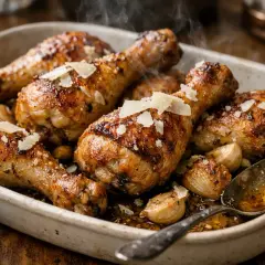 Délicieux pilons de poulet rôtis, parsemés de copeaux de parmesan et accompagnés d'ail confit, fumant dans un plat.