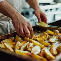 Un chef dispose des quartiers de pomme de terre sauté sur une plaque de cuisson, agrémentés de romarin et d'épices.