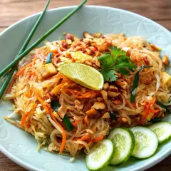 Délicieux Pad Thaï, une recette pleine de saveurs avec nouilles de riz, crevettes, cacahuètes et citron vert.